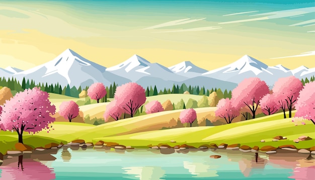 Natur und Landschaft Vektorillustration von Bäumen, Wald, Bergen, Blumen, Pflanzen, Feld. Bild für Hintergrundpostkarte oder Einband, Hintergrund der Frühlingssaison