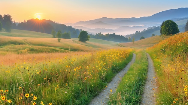 Natur-Wandpapier schöne Sommerlandschaft mit Straßenwiesen und Bergen bei Sonnenaufgang