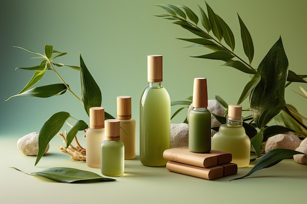 Foto natural cosmetics set with leaves and plants on green background natural cosmetics concept ai generation