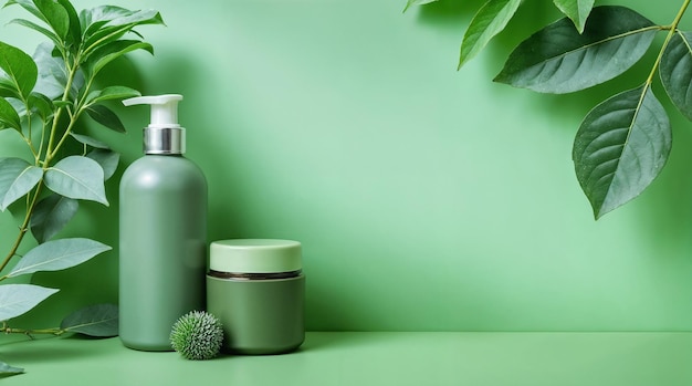 Natural skincare products on a green backdrop with leaves