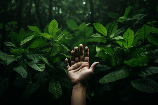 Foto la naturaleza abraza la imagen cautivadora de una persona acariciando las hojas verdes