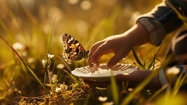 Foto en la naturaleza abrazar a un niño y una mariposa se encuentran
