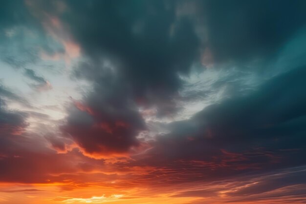 Naturaleza abstracta del cielo y la foto del horizonte al estilo de la turbulencia colorida naranja oscuro y cian oscuro