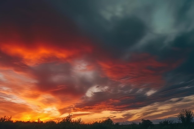 Naturaleza abstracta del cielo y la foto del horizonte al estilo de la turbulencia colorida naranja oscuro y cian oscuro