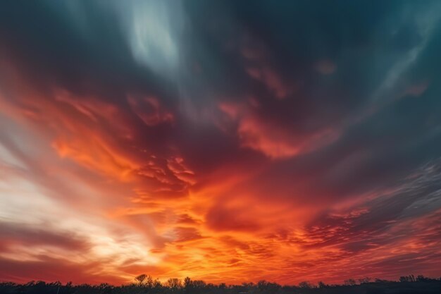 Naturaleza abstracta del cielo y la foto del horizonte al estilo de la turbulencia colorida naranja oscuro y cian oscuro