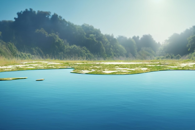 Naturaleza aérea en 3D con bosque verde y hermosa vista al lago