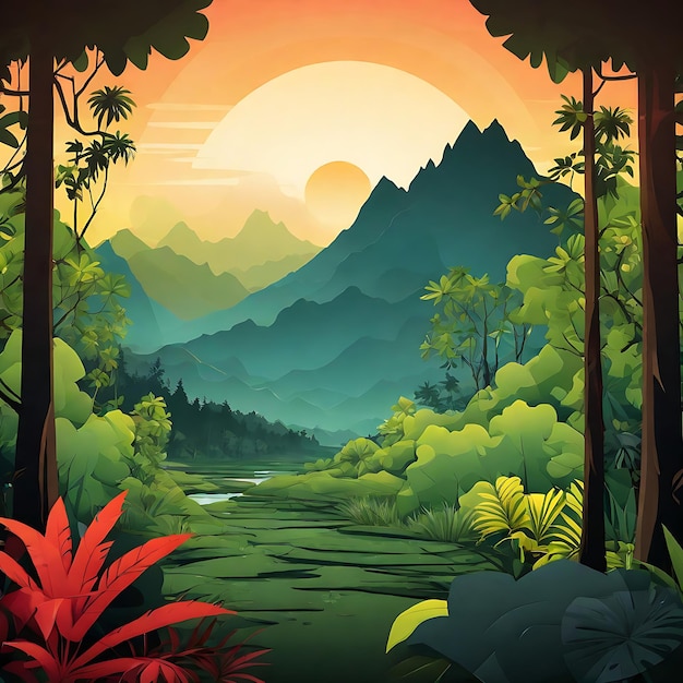 naturaleza bosque de montaña selva paisaje fondo en color plano vectorial con el sol y la luna