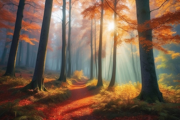 La naturaleza del bosque de otoño Mañana vívida en el bosque colorido con rayos de sol a través de las ramas de los árboles El paisaje de la naturaleza con la luz del sol