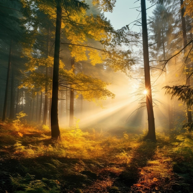 Naturaleza del bosque de otoño Paisaje de la naturaleza con luz solar IA generativa