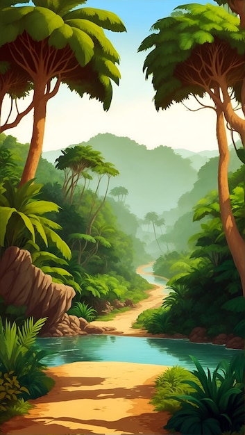 Foto naturaleza y bosque verde vertical con camino de senderismo y cielo para fondo de dibujos animados ai generado 2