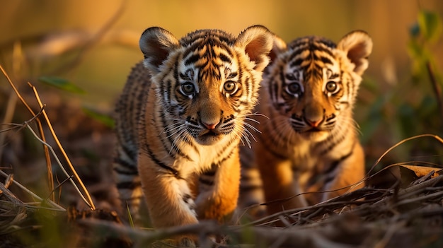 En la naturaleza, los cachorros de tigre y su familia en el hábitat del bosque