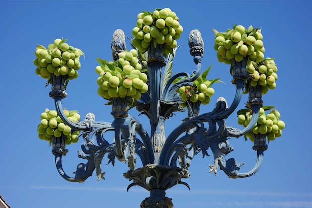 La naturaleza contrasta con la euforbia verde, el candelabro en medio de un cielo azul con frutas