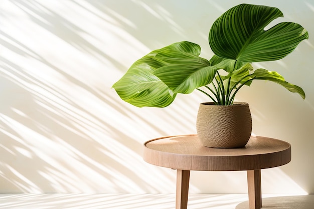 La naturaleza se encuentra con la lujosa hoja tropical iluminada por el sol en una mesa de madera para una exhibición de primera clase