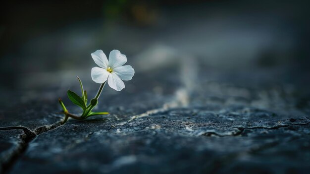 La naturaleza florece Una flor blanca emerge de la madera agrietada contra un fondo oscuro