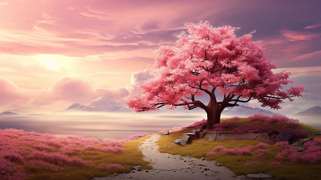 naturaleza en el fondo con una hermosa escena de primavera con un árbol en flor rosa