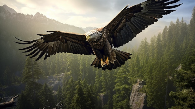 la naturaleza en el fondo con un majestuoso águila volando alto sobre un denso bosque