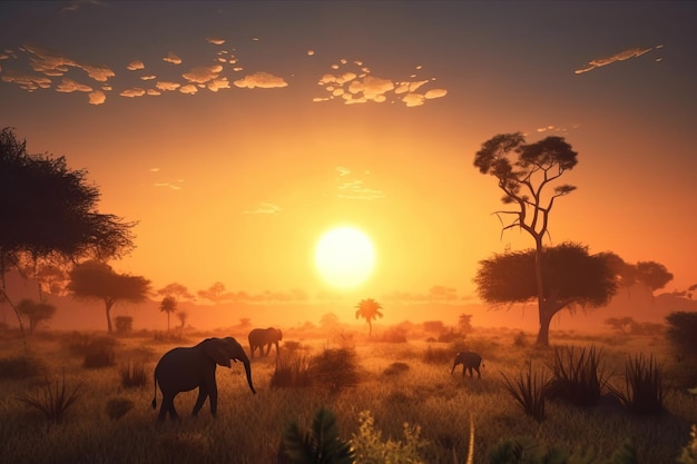 La naturaleza en África día paisaje contra el telón de fondo del sol naciente animales salvajes en las matorrales