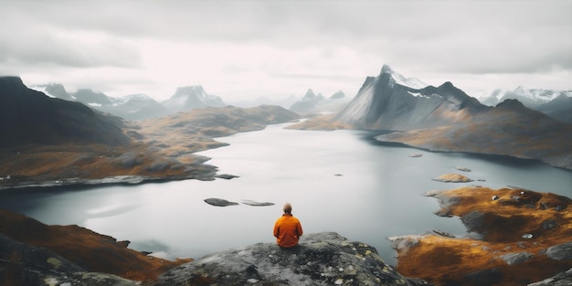 La naturaleza el hombre el agua la montaña el cabo amarillo de senderismo el viaje de regreso al lago la IA generativa joven