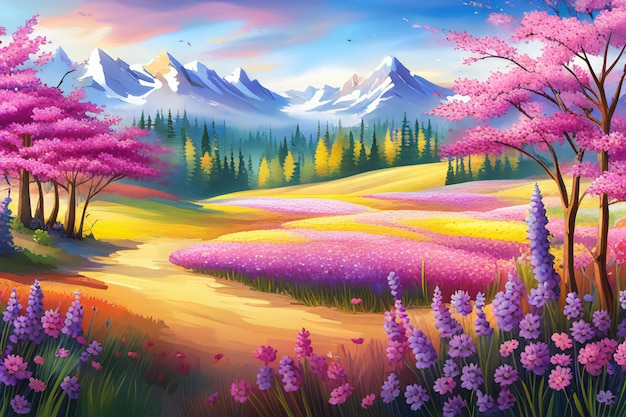 Naturaleza Ilustración linda paisaje de primavera prado campo flores y montañas para fondo de cartel o portada