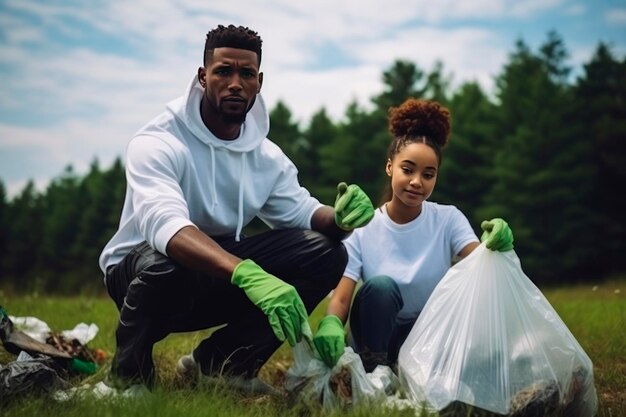 La naturaleza limpiando una familia negra un padre con un niño y una chica con bolsas de basura borrosas