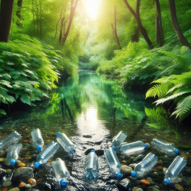 Foto la naturaleza llora por la contaminación de las botellas de plástico en el río tranquil forest