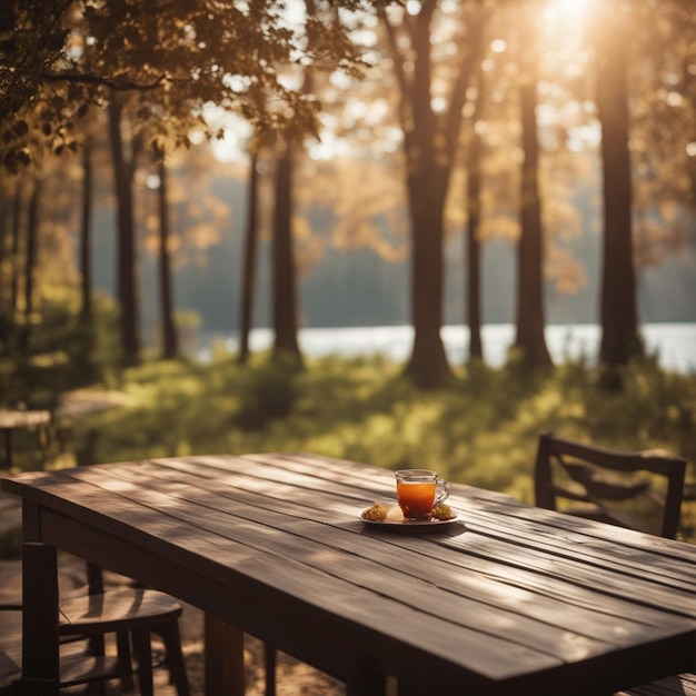 Naturaleza con la mesa y la silla vacías en el fondo