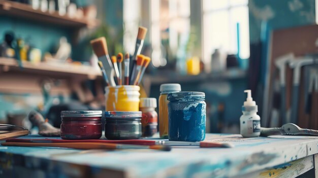 Una naturaleza morta artística de pinceles y frascos de pintura en una mesa de madera El fondo es un lío borroso de color que sugiere un estudio de arte ocupado