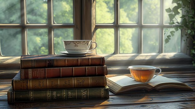 Una naturaleza muerta atemporalmente cautivadora con libros antiguos y una taza de té bañada en una suave luz natural desde una generosa ventana perfecta para agregar un toque de nostalgia y encanto a cualquier creación