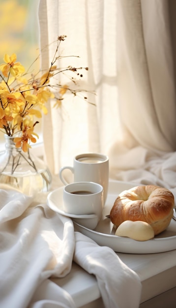 Naturaleza muerta con café y croissant