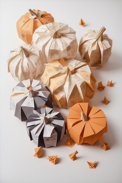 Naturaleza muerta de calabazas voluminosas enrolladas en origami de papel