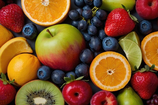 Foto naturaleza muerta de colorido arreglo de frutas