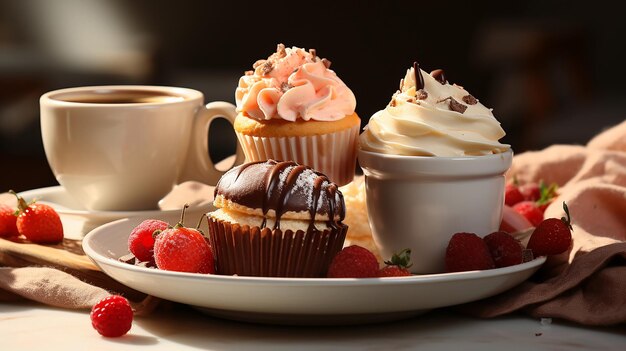 Foto naturaleza muerta conceptual con pasteles de postre dulces y bebidas en la mesa banner publicitario generado por ia