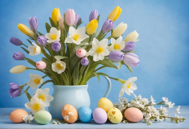 Foto una naturaleza muerta de una feliz pascua en casa con flores de primavera y huevos de colores en la mesa