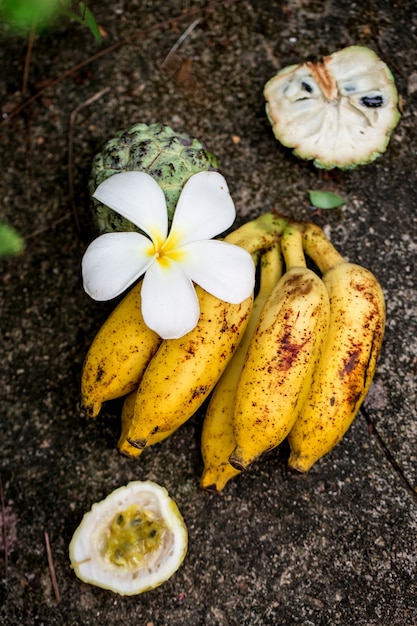 Naturaleza muerta con frutas exóticas útiles en una piedra