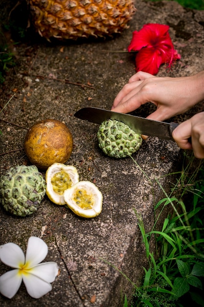 Naturaleza muerta con frutas exóticas útiles en una piedra