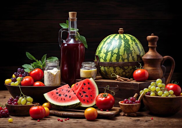 Naturaleza muerta con frutas y verduras frescas sobre un fondo de madera Foco selectivo