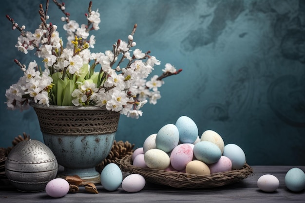 Naturaleza muerta con huevos de Pascua y flores de primavera sobre un fondo oscuro