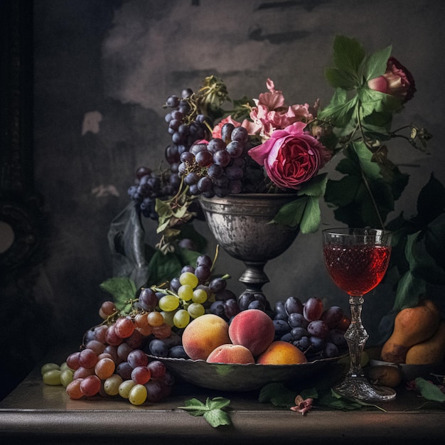 Naturaleza muerta imperial con una copa de vino tinto una abundancia de fruta fresca y un jarrón clásico desbordante de flores