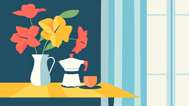 Una naturaleza muerta de un jarrón de flores y una cafetera en una mesa El fondo es una pared azul con una cortina transparente