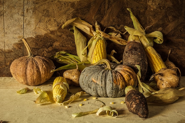 Naturaleza muerta con maíz, calabaza, taro y ñame