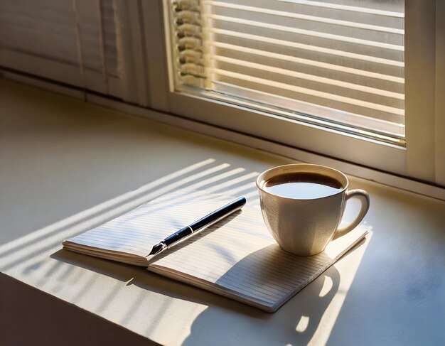 Foto naturaleza muerta mínima con una taza de café al amanecer