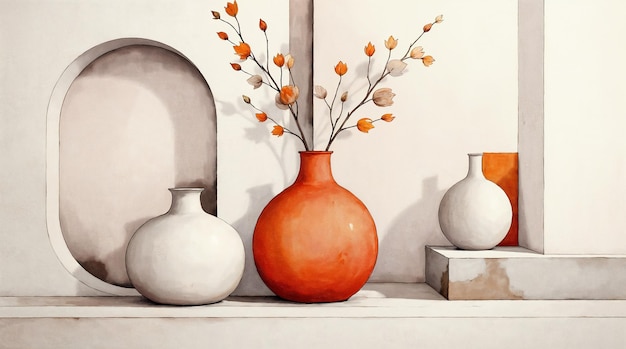 Naturaleza muerta minimalista con jarrones y arreglos florales
