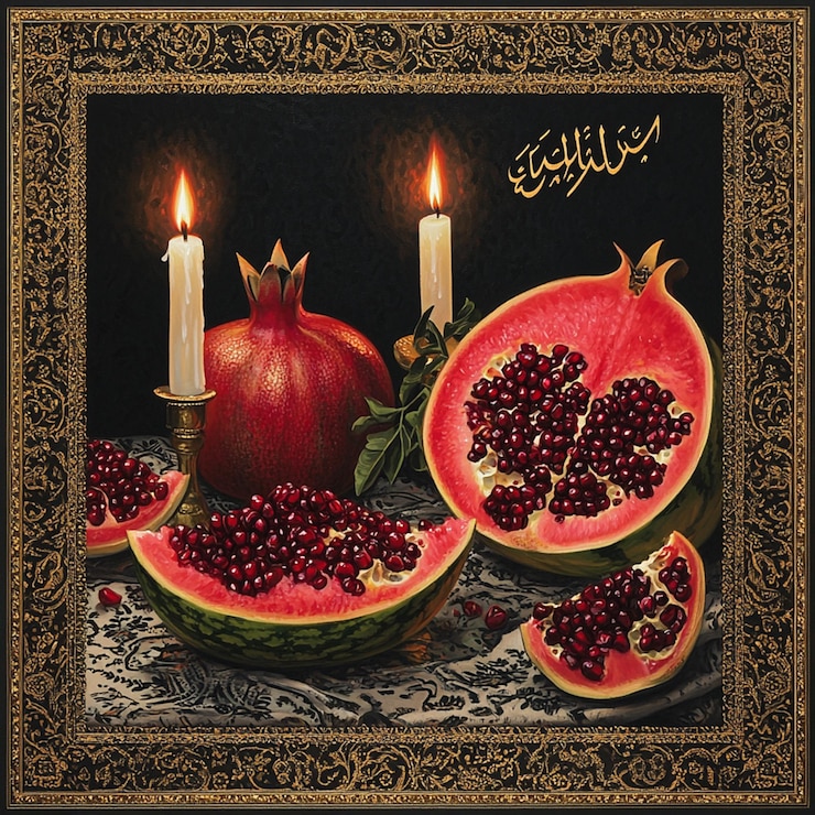 Foto la naturaleza muerta nocturna de yalda con sandía y granada