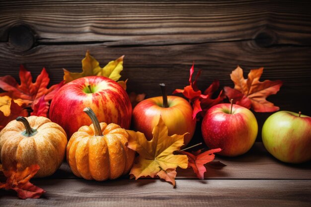 Naturaleza muerta de otoño con calabazas manzanas y hojas sobre fondo de madera manzanas calabazas y hojas caídas sobre fondo de madera AI Generado