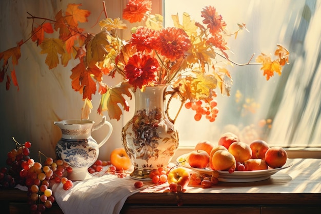 La naturaleza muerta de otoño con flores y frutas en un alféizar de la ventana la naturaleza muerta del otoño a la luz del sol brillante AI generada