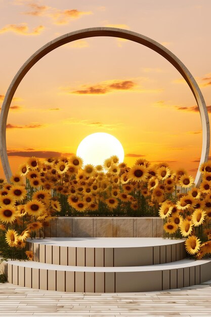 Foto naturaleza muerta de otoño girasol y podio de piedra con un hermoso fondo de puesta de sol