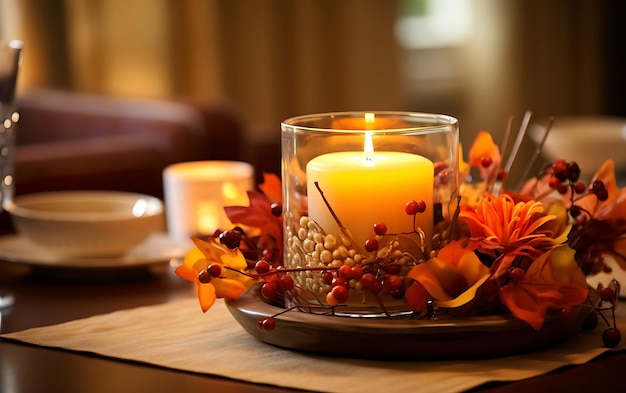 La naturaleza muerta de otoño Vela flores de otoño y verduras calabazas en la mesa en una canasta