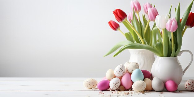 Naturaleza muerta de Pascua con tulipanes multicolores en una jarra y huevos blancos sobre fondo blanco con espacio de copia Preparándose para el estado de ánimo festivo de Pascua Primavera