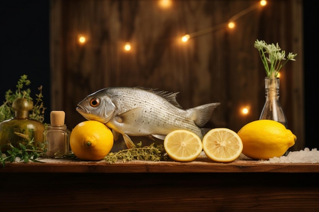 Foto naturaleza muerta con pescado fresco, limón y hierbas sobre un fondo de madera