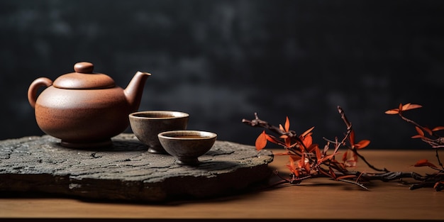 Una naturaleza muerta que captura la esencia de una ceremonia del té Delicadas flores cuidadosamente dispuestas y tazas de té humeantes invitan a la contemplación y la tranquilidad IA generativa